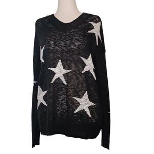 Derek Heart Black Loose Knit V-Neck Sweater with White Stars, Size XL
